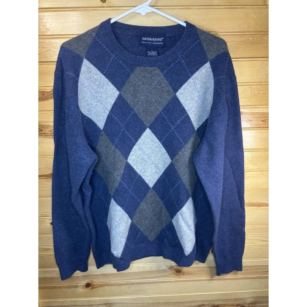 Vintage Davis & Squire 100% 2 Ply Cashmere Crewneck Sweater Men's Large Argyle